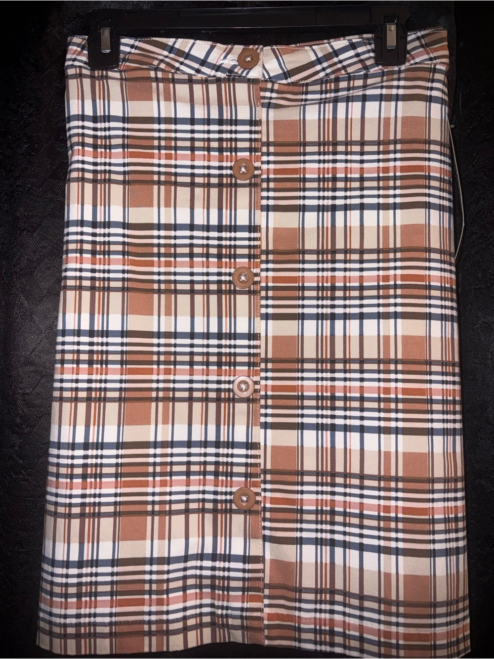 Plaid Button-Up Skirt in White & Brown